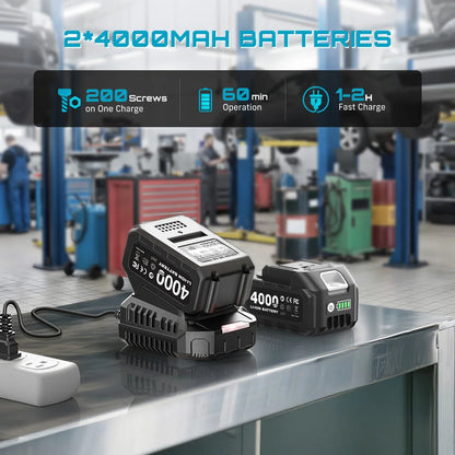 Two 4.0Ah batteries, up to 200 screws per charge and fast charging